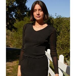 John Galt Black Leah Stretchy Mesh Ruffle V Neck Long Sleeve Top Shirt S Small
